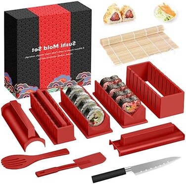 HI NINGER Sushi Making Kit Deluxe Edition - Complete 12PCS Kit with Rice Roll Mold, Press, Sushi Knife, Mat, Chopsticks