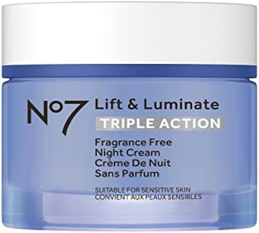 No7 Lift and Luminate Triple Action Fragrance-Free Night Cream &ndash; Anti-Wrinkle Collagen Peptide Brightening Moisturizer with Hyaluronic Acid, Hibiscus, and Vitamin C (50ml
