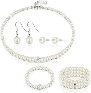 Glenmal Pearl Jewelry Set for Women Wedding Faux Girls Pearl Necklace Bracelet Earrings Set Simulated Kids Pearl Set White for Halloween Costume Accessories Birthday Party Gift