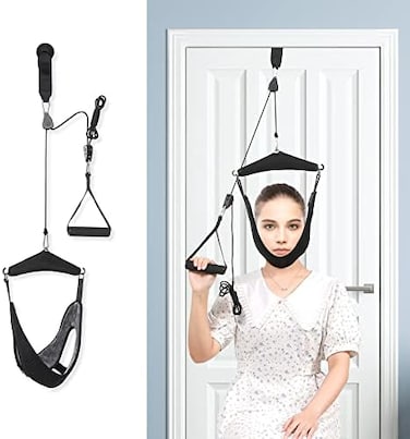 Fanwer Upgraded Neck Stretcher Cervical Neck Traction Device, Double Ratchet Neck Tension Relief Portable Over The Door Device, for Neck Pain Relief, Vertebrae Disk Herniation,Black