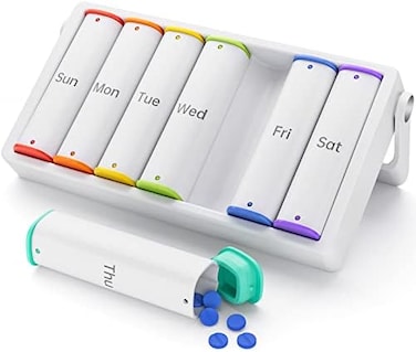 KOVIUU Weekly Pill Organizer, Large Travel Pill Box 7 Day, 2 Times a Day Pill Case with Rotatable Handle, Am Pm Daily Pill Holder Container for Vitamin, Medicine, Supplement, Fish Oil, White Pillbox
