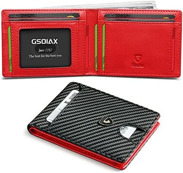 محفظة رجالية رفيعة من GSOIAX، مزودة بتقنية حجب RFID، ثنائية الطي، بتصميم بسيط، مصنوعة من الجلد الطبيعي وألياف الكربون، مع حامل بطاقات ومشبك نقود، تأتي في علبة هدايا، باللونين الأسود والأحمر.