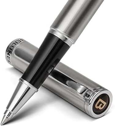 BEILUNER Luxury Silver Grey Rollerball Pen with Chrome Trim, Schmidt Ink Refill, Gift Case, Best for Men's Executive Office, Unisex