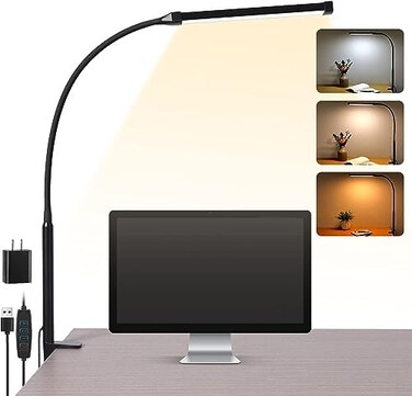 Voncerus AONELAS LED Desk lamp with Clamp,Eye-Caring Clip on Lights for Home Office,3 Modes 10 Brightness,Long Flexible Gooseneck,Metal,Swing Arm Architect Task Table Lamps with USB Adapter,Black