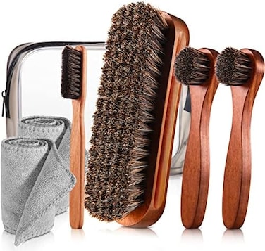 ZJoey 7 Pcs Horsehair Shine Shoes Brush Kit Polish Dauber Applicators Cleaning Leather Shoes Boots Care Brushes Suede Cleaner Brush with Microfiber Shoe Cloth(7 Pcs Style C