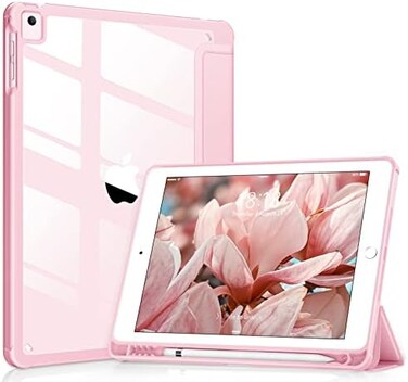 جراب VIKESI DTTOCASE لجهاز iPad الجيل السادس/الخامس 9.7 بوصة (2018/2017) وiPad Air 21 (2014/2013)، غطاء خلفي شفاف، غطاء ذكي [حامل قلم مدمج، تشغيل/إيقاف تلقائي] - وردي