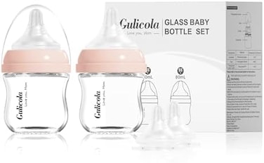 Gulicola Natural Glass Baby Bottle for Newborn Breastfeeding Babies, PreemieExtra Slow Flow (SS, Anti-Colic, Breast-Like, 0 Months, 3 oz, 2 Pack - Pink
