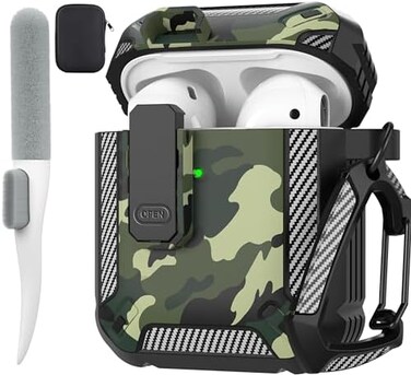 Maxjoy for AirPods 2nd Generation Case Cover, AirPods Case with Lock Gen 2 Hard Shell Rugged Shockproof Protective Cover with Keychain Cleaner Kit Compatible with Apple AirPods2 AirPods1, Green Camo