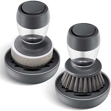 SUBEKYU Dish Brush with Soap Dispenser, Kitchen Dish Scrubbers Set with Draining Tray for Washing Dishes/Pots, Grey, Set of 2