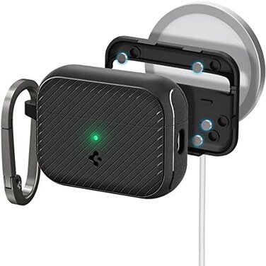 Spigen Mag Armor Mag Fit designed for Airpods Pro 2nd Generation case compatible with MagSafe Airpods Pro 2 case cover with Keychain (Magnets Embedded- Matte Black