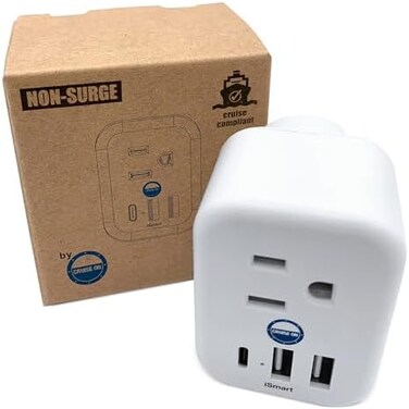موزع طاقة معتمد من Cruise On Cruise، مقاوم للارتفاع المفاجئ للتيار [6 منافذ] USB-A، USB-C، منفذ قياسي، مناسب لجميع سفن الرحلات البحرية من Carnival وRoyal Caribbean وNCLA