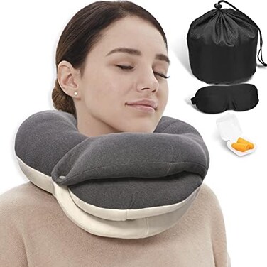 BUYUE Travel Neck Pillows for Airplanes, 360&deg; Head Support Sleeping Essentials for Long Flight, Skin-FriendlyBreathable, Kit with 3D Contoured Eye Mask, Earplugs and Storage Bag (Adult, Grey