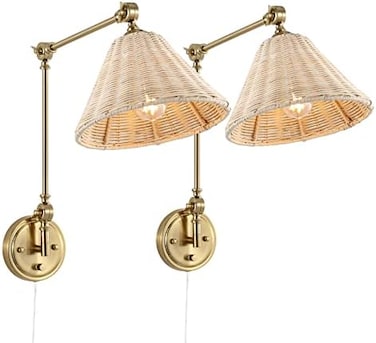 WINGBO Wall Sconce Rattan Wrapped Wall Lamp, Adjustable Swing Arm Wall Light Gold Vintage Bedside Light Fixture Wicker Handmade Shade Brass Reading Light Plug in or Hardwire (2 Pack