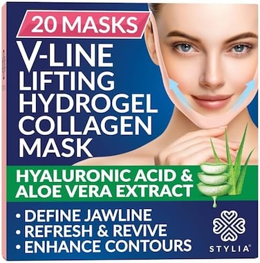 Stylia V-Line Lifting Collagen Face Mask with Hyaluronic AcidAloe Vera - Spa Quality Chin Strap - Jawline Shaper Collagen Mask - Face Masks Skincare - Chin Strap for Sleeping - 20PC