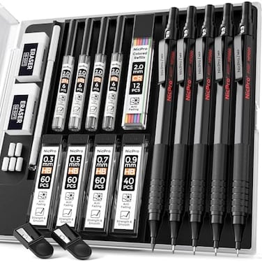 Nicpro Black Art Mechanical Pencil Set, 5PCS Metal Drafting Pencils 0.3, 0.5, 0.7, 0.9 mm2mm Graphite Lead Holder For Sketching Drawing With 9 Tubes (4B 2B HB 2H ColorsLead Refills Erasers Case