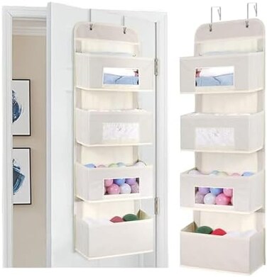 MAX Houser 4-Shelf Over The Door Hanging Organizer with 2 Metal Hooks, 4 Pocket Swing-Proof Behind Door Organizers with Clear Windows for Nursery Bathroom Closet,Dorm,Baby Diapers, Kids Toys (Beige