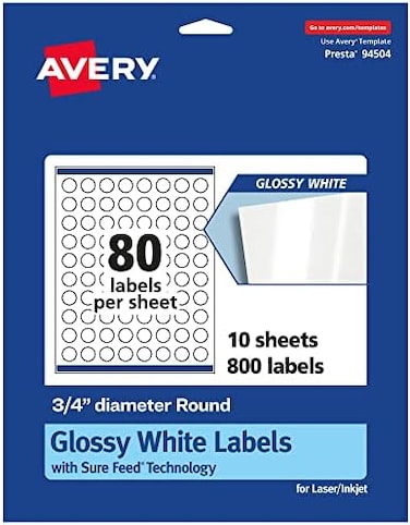 ملصقات دائرية بيضاء لامعة من Avery - قطر 3/4 بوصة، 800 ملصق، طباعة حتى الحافة، لاصق دائم، قابلة للطباعة بالليزر/الحبر النفاث