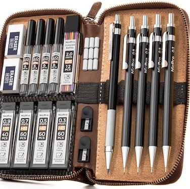 Nicpro 20PCS Black Metal Mechanical Pencil Set in Leather Case, 0.3, 0.5, 0.7, 0.9 mm2mm Lead Pencil Holders, (4B 2B HB 2HLead Refills (BlackColors, Erasers For Art Drafting Sketching Drawing