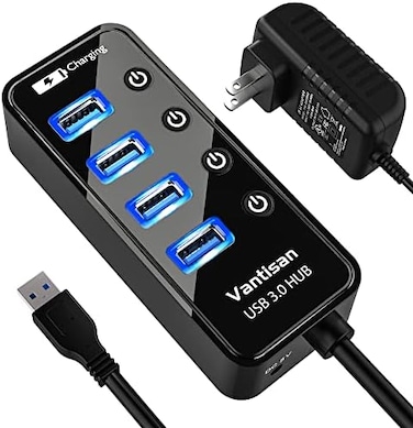 موزع USB 3.0 من فانتيسان، موزع USB رباعي المنافذ (4 منافذ بيانات USB 3.0، منفذ شحن ذكي واحد مع محول طاقة 5 فولت/3 أمبير ومفاتيح تشغيل/إيقاف فردية)