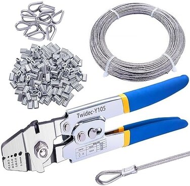 أداة تجعيد أسلاك Twidec/Wire Rope حتى 2.2 مم، مزودة بـ 160 قطعة من حلقات التجعيد المصنوعة من الألومنيوم مقاس 1/16 بوصة، وسلك فولاذي مقاوم للصدأ 304 بطول 66 قدمًا وقطر 1/16 بوصة، بالإضافة إلى 12 قطعة م