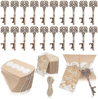Yahenda 100 Sets Vintage Key Bottle Openers for Wedding Favors and Guests - Bulk Rustic Souvenir Gift With Thank You Tag, Jute Rope, Lace Candy Box for Party