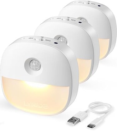 Lyridz Motion Sensor Night Light, Rechargeable Night Light USB Type-C, Removable Magnetic Stick on Cupboard, Stair, Hallway, Bedroom(3 Pack