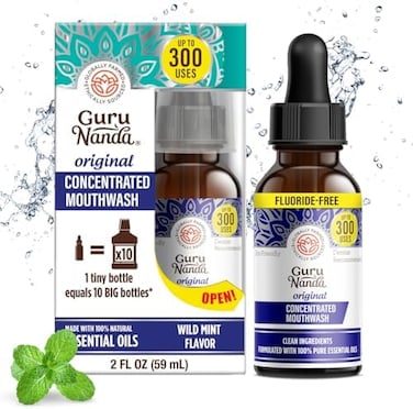 GuruNanda Concentrated Mouthwash, Helps with Bad Breath, Promotes Teeth Whitening, Made with 100% Natural Essential Oils, 1 Bottle Equals 300 Rinse, Fluoride-Free - Mint Flavored (2 oz