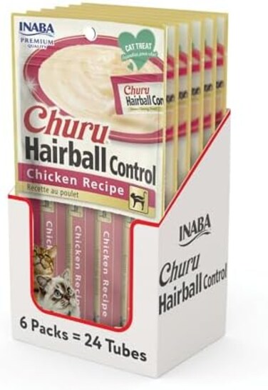 INABA Churu for Cats, Functional, Creamy Lickable Pur&eacute;e Cat Treat for Hairball Control with TaurineVitamin E, 0.5 Ounces Each, 4 Tubes (Pack of 6