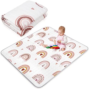 Funtery Boho Rainbow Portable Baby Play Mat, 43 x 43 Inch Washable Foldable Crawling Mat, Non Slip Playmat for Babies, Kids Play Mats Pad for Floor Playpen Toddler Infants Tummy Time Activity