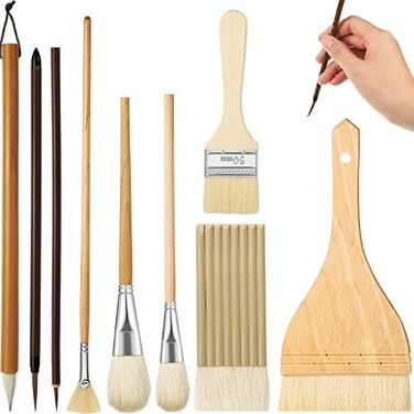 Geelin 9 Pcs Pottery Glaze Brushes Ceramic Brushes Set Different Shapes for Pottery Acrylic Watercolor Wool Bristle Art Paintbrush Sets for Painting Artists Rock Adults