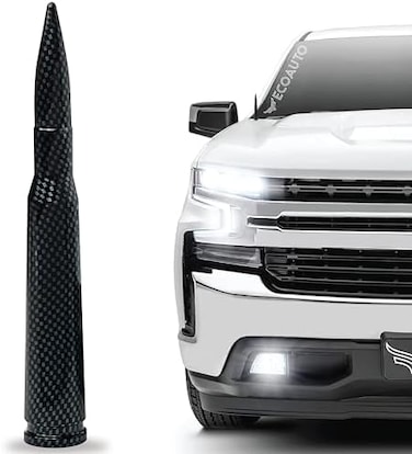 EcoAuto Badass 50 Cal Bullet Antenna Replacement Fits All ChevyGMC Truck Model Years - Car Antenna Replacement - Military Grade Aluminum - Anti ChipAnti Theft Design (Carbon Fiber