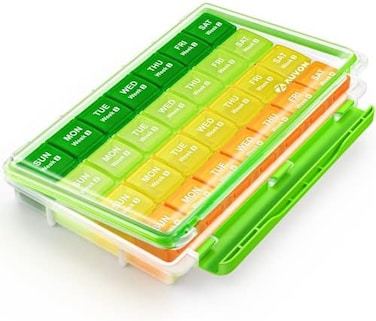 AUVON Moistureproof Monthly Pill Organizer, Travel-Friendly Weekly Pill Box with Removable 4 Weeks Pill Case Rows, Large 28 Days Pill Container for Fish Oils, Vitamins, Supplements and Medications