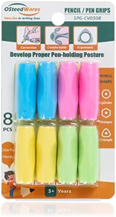 OSteed Ergonomic Pencil Grips Silicone 8 Pcs for Kids and Adults Handwriting, Gel Pen Grips with 3 Concaves, 1 Pack 4 Colors