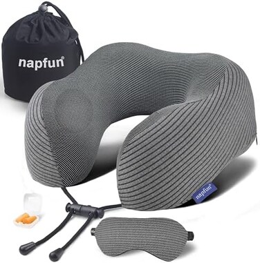 napfun Travel Pillow, 100% Pure Memory Foam Neck Pillows for Travel Airplane Headrest Flight Plane Accessories, Deep Grey, Medium (120-200LB