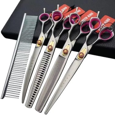 Smithking Professional Dog Grooming Shears Set Dogs StraightthinningCurved scissorschunkers Scissorswith comb in 1 Set for Right-handedLeft-handed (8.0 Silvery right-handed