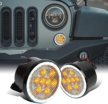 B.ZSSY JK Turn Signal Lights White Ring Smoked Lens,LED Front Grill Indicator Parking Lights Compatible with 2007-2018 Jeep Wrangler JKJK Unlimited (2PCS,White Ring/Amber