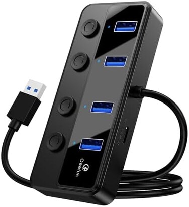 Q QEEFUN Qeefun 4-Port USB Hub 3.0, Individual LED Power Switches, 2ft USB Extension, 5V/3A USB Extender for Laptop, PC, USB Flash Drives, and More