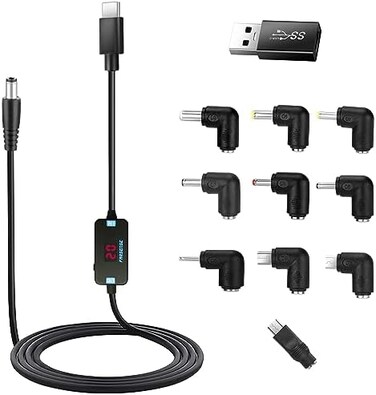 FARSENSE USB C to DC Adapter,Barrel PD Trigger Cable(3.3ftwith 10 Connecor Tips,USB to DC Power Cable can Switch Voltage by Pressing The Key,Support LED Display Voltage