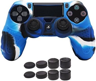 غطاء حماية سيليكون مضاد للانزلاق لجهاز تحكم PS4 DualShock 4 من CHIN FAI، متوافق مع أجهزة تحكم Sony PS4/PS4 Slim/PS4 Pro المزودة بـ 8 مقابض للإبهام (لون أزرق مموه [ألعاب الفيديو])