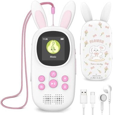 ChenFec 16GB Music MP3 Player for Kids, Cute Bunny Kids Music MP3 Player with Bluetooth, MP3MP4 Players with Speaker, MP3 Player with FM Radio, Recordings, Alarm, Pedometer, Stopwatch, Support up to 1