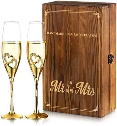NUPTIO Crystal Champagne Flutes Wedding: Set of 2 Gold Champagne Glasses with Wooden Gift Box Prosecco Glass Pair for Couples BrideGroom Engagement Anniversary Bridal Showers Toasting Gift Sets