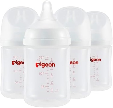 Pigeon PP Nursing Bottle Wide Neck, Streamlined Body, Natural Feel, Easy to Clean, 5.4 Oz(Pack of 4, Includes 4pcs SS Nipples (0m