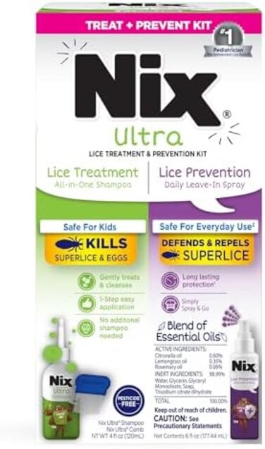 Nix Lice TreatmentPrevention Kit, Ultra Lice Treatment All-in-One Shampoo, 4 fl oz, Ultra Lice Removal Comb and Lice Prevention Daily Leave-in Spray, 6 fl oz