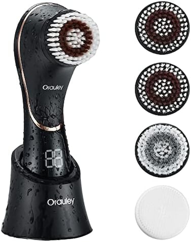 Orauley Facial Cleansing Brush, Electric Face Scrubber Rechargeable Exfoliator IPX-7 Waterproof Rotating Cleanser for Exfoliating, Massaging and Deep Cleansing for WomenMen with 4 Brush Heads Black