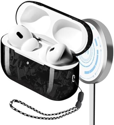MONOCARBON Real Carbon Fiber for Airpods Pro 2nd Generation case (2022Airpods Pro 2 case cover with Lanyard - Forged Glossy Black
