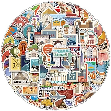 APAREAL 100Pcs World Travel Stickers Pack, Waterproof Vinyl Travel Map Stickers for Suitcase, Bicycle, Laptop, Water Bottle, Notebooks, Diary, Journaling, Scrapbooking, Aesthetic Vintage Tourism Decal