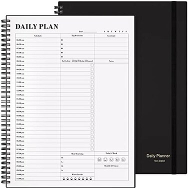 Asten Planner Undated, Daily Planner Agenda with To Do List, Hourly Schedules for Women and Men, Spiral Appointment Book with Elastic Closure, Inner Pocket 8.5" x 11" (Black