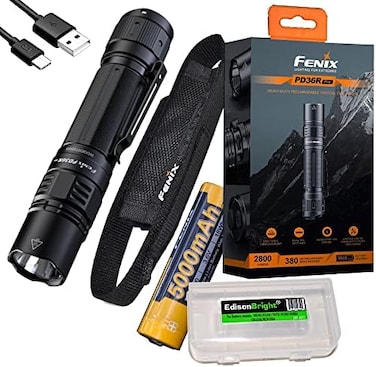 Fenix PD36R Pro 2800 Lumen USB Rechargeable LED Tactical Flashlight with EdisonBright Charging Cable Carry case Bundle