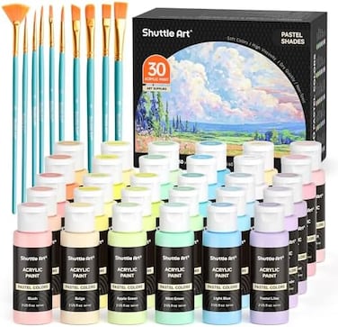 Shuttle Art 40 Pack Pastel Acrylic Paint Set, 30 Colors, 60ml/2oz Bottles, High Viscosity, Water-proof Paint With 10 Paint Brushes for PaintingCrafting on Canvas, Rock, Ceramic, Fabric