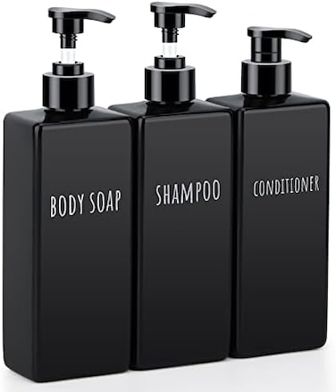 Segbeauty Square Soap Dispenser Black, 3pcs 16.9oz Refillable Shampoo and Conditioner Bottles, 500ml Empty Reusable Plastic Pump Bottle Bathroom Shower Dispenser Set for Body Wash Liquid Gel Lotion